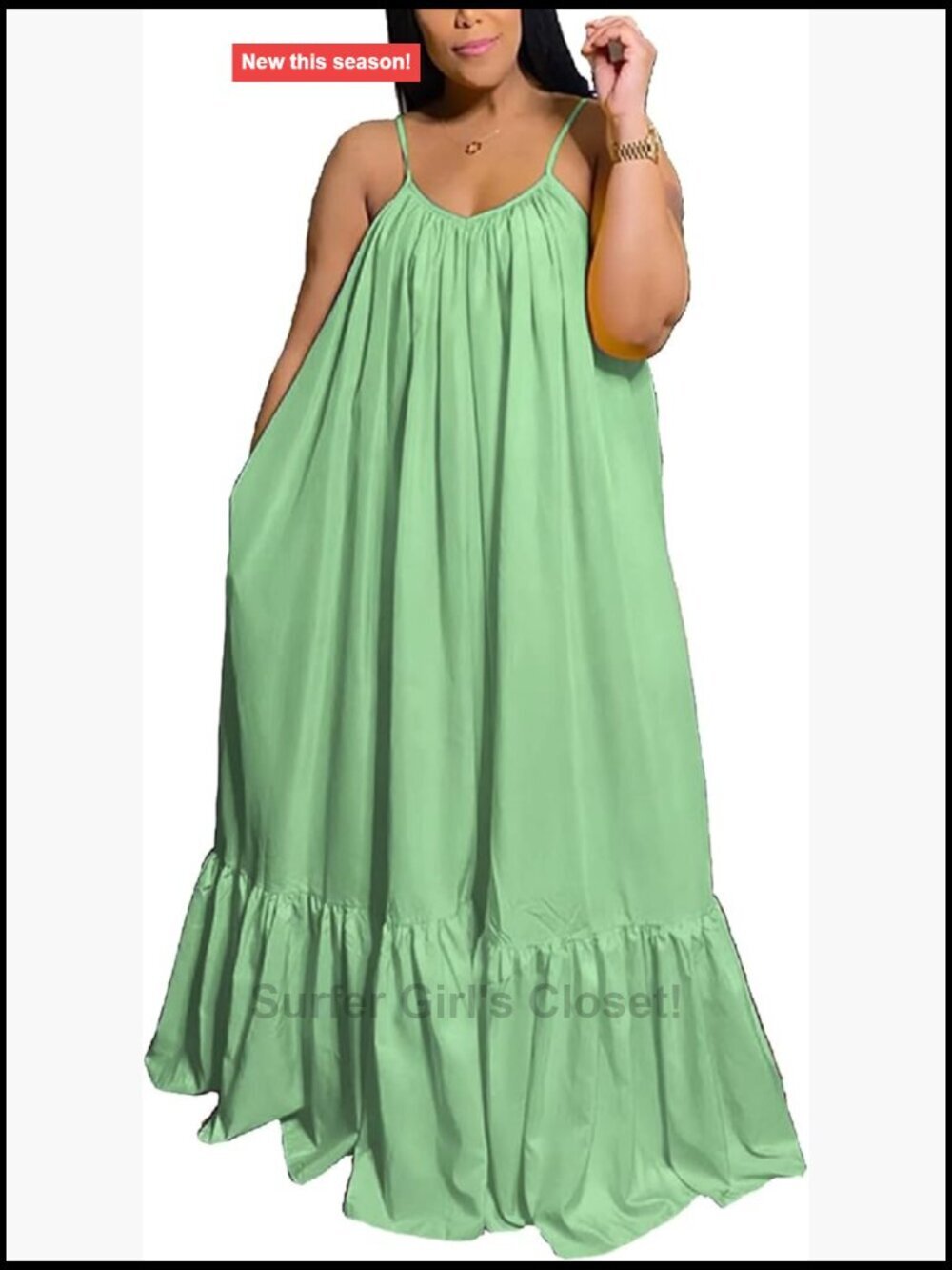Sleeveless Spaghetti Strap Swing Maxi Dress with Pockets Ruffle Hem